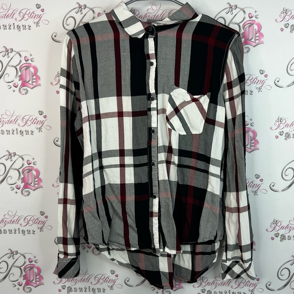 Como Vintage button up long sleeve red plaid Black and White Checkered Shirt